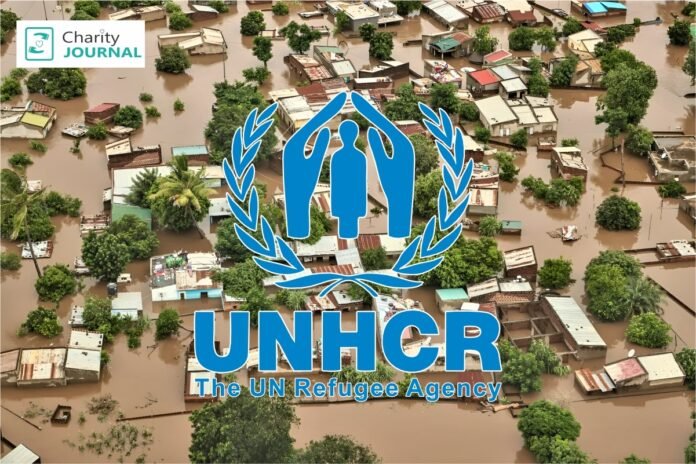 UNHCR logo over Mozambique floods
