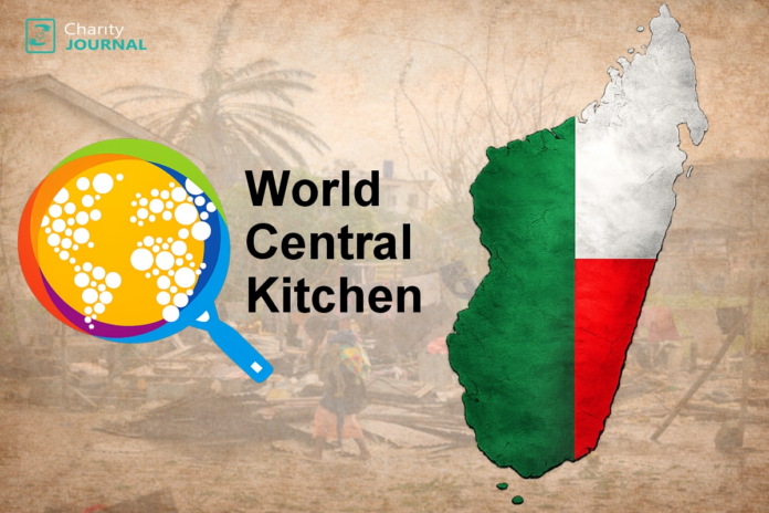 World Central Kitchen logo and name next to map of Madagascar colored with its national flag.