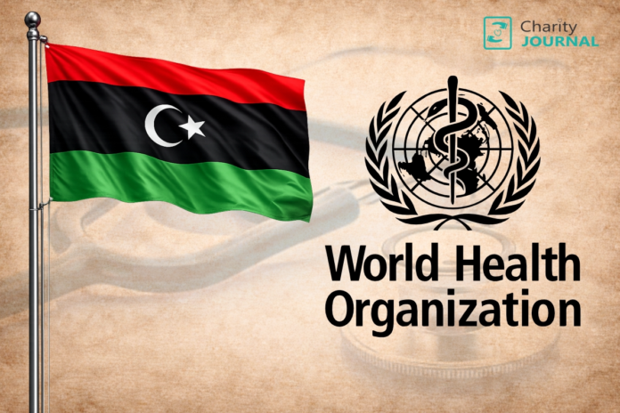 the national flag of Libya on the left and the World Health Organization logo on the right