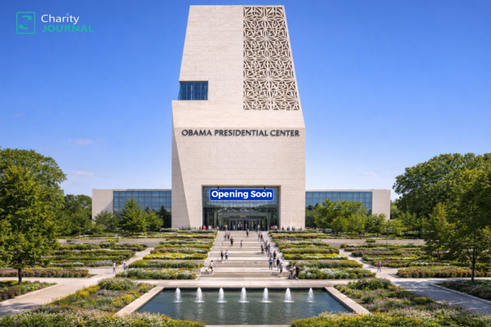 Obama Presidential Center building with a blue banner that reads 
