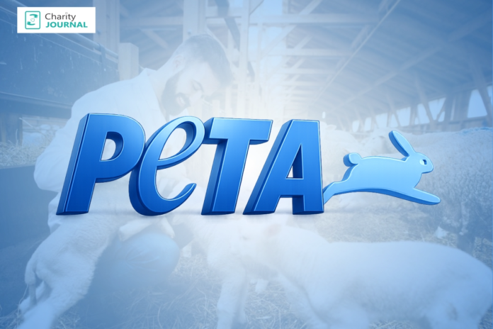 A logo of PETA with large blue letters and the silhouette of a jumping rabbit