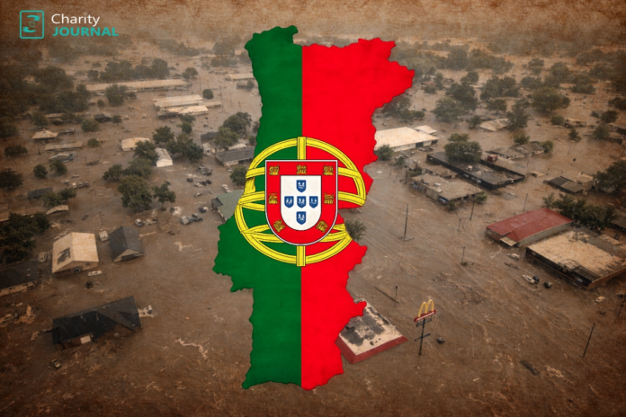 A top view of a Portuguese town due to the flood crisis with a the Portuguese map overlaid on the image.