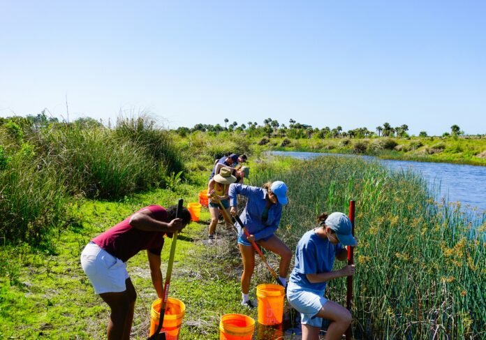 A group of people working on the river bank to represent Forbes Fund Management Assistance Grants (MAGs) 2026