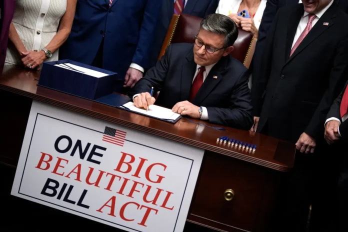 House Speaker Mike Johnson with Republican leaders signs the Trump's One, Big, Beautiful Bill Act on Capitol Hill in Washington
