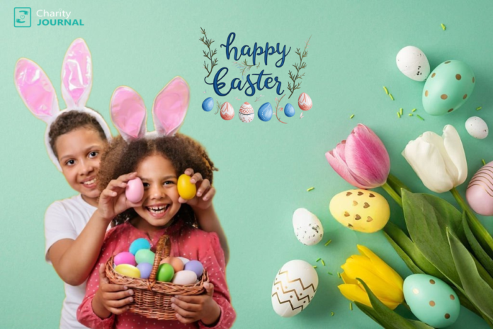 Two children wearing bunny ears smile joyfully