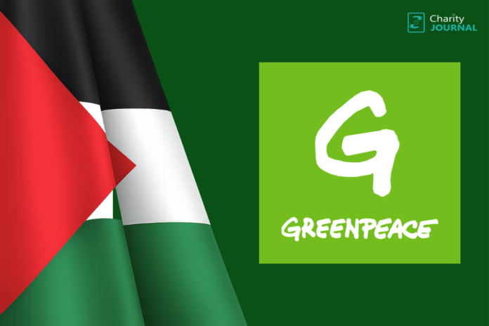 A waving Palestinian flag on the left and the Greenpeace logo on the right.
