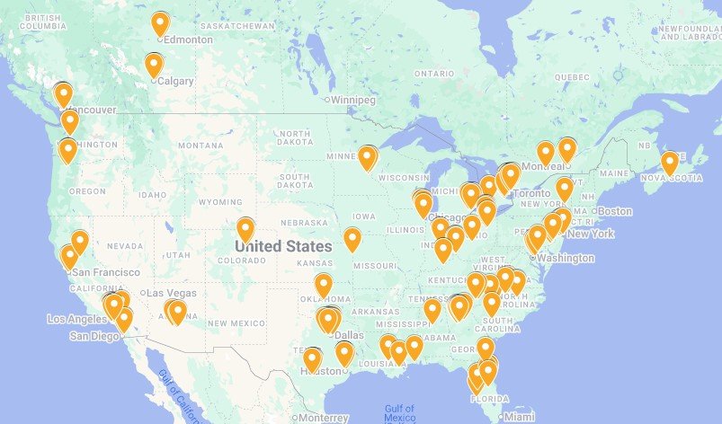 locations of Foresters and KABOOM! play spaces in North America
