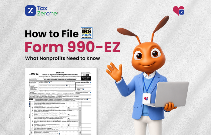 IRS Form 990-EZ guide title graphic with TaxZerone branding and IRS e-file badge.